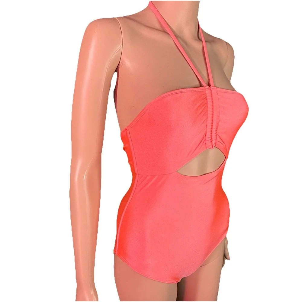 One-Piece Girls Coral Pink Swimsuit Halter Neck Tie-Back String Size L (10-12)
